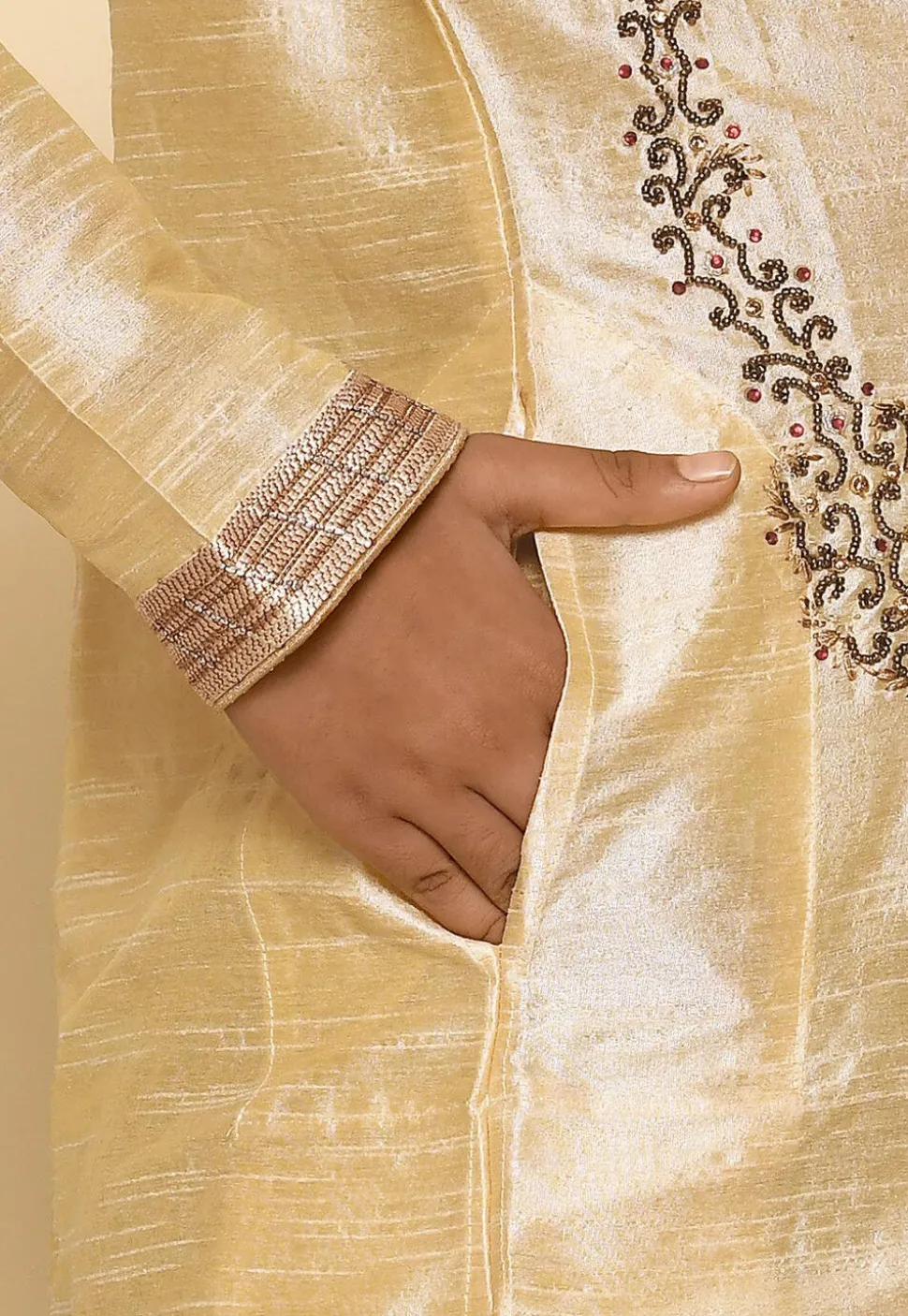 Hand Embroidered Art Silk Kurta Set in Light Beige