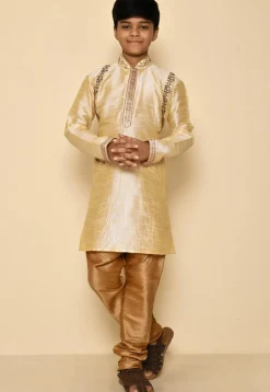 Hand Embroidered Art Silk Kurta Set in Light Beige