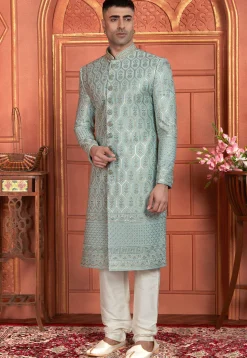 Hand Embroidered Art Silk Sherwani in Dusty Blue