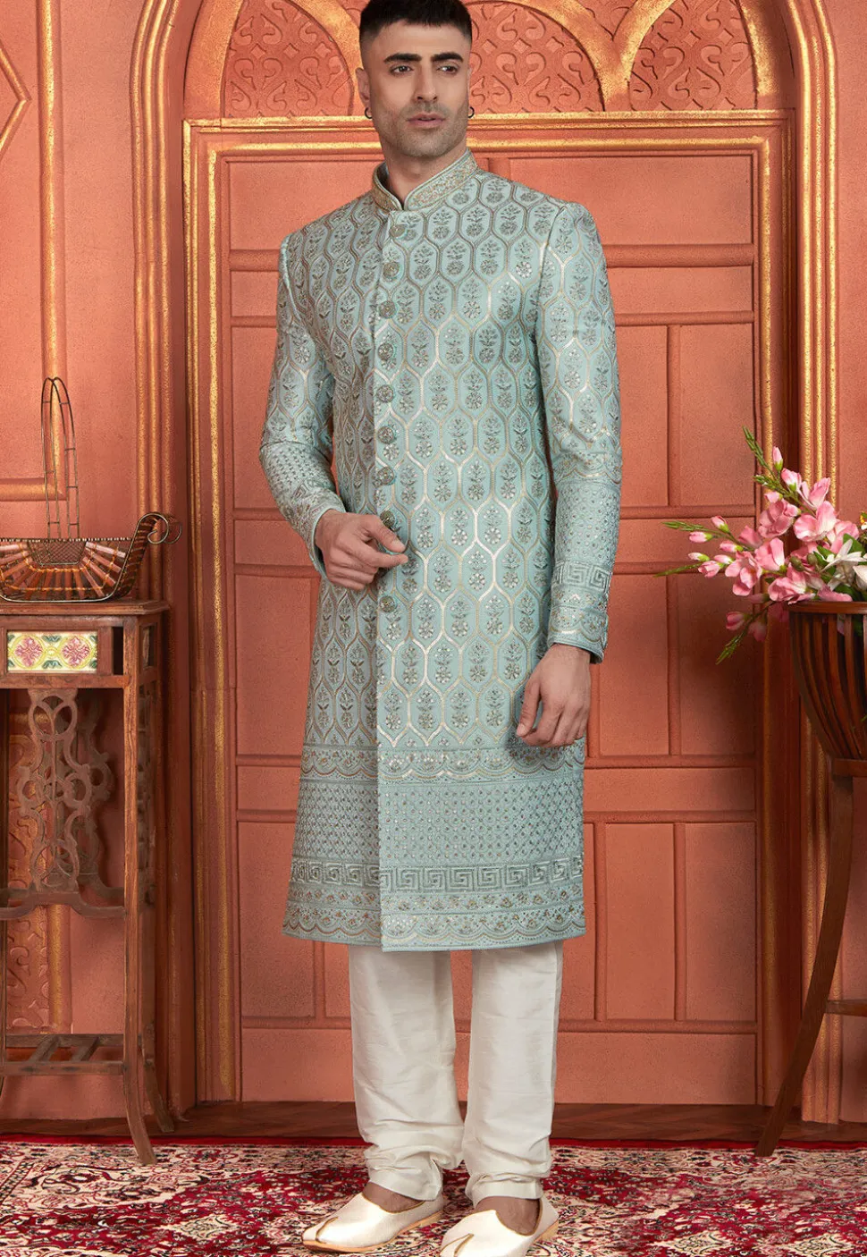 Hand Embroidered Art Silk Sherwani in Dusty Blue