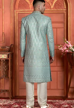 Hand Embroidered Art Silk Sherwani in Dusty Blue