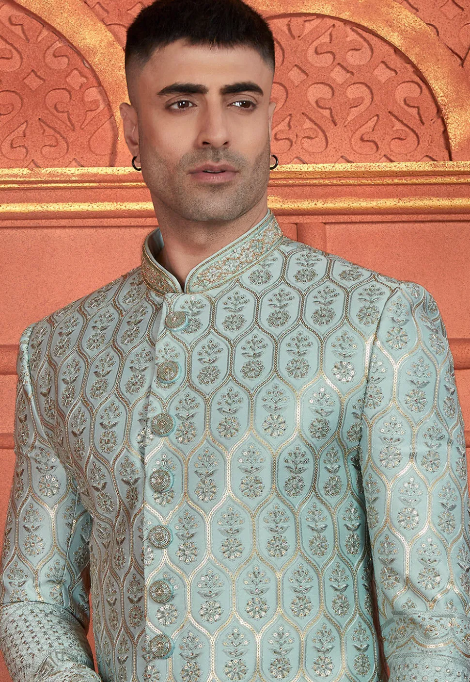 Hand Embroidered Art Silk Sherwani in Dusty Blue