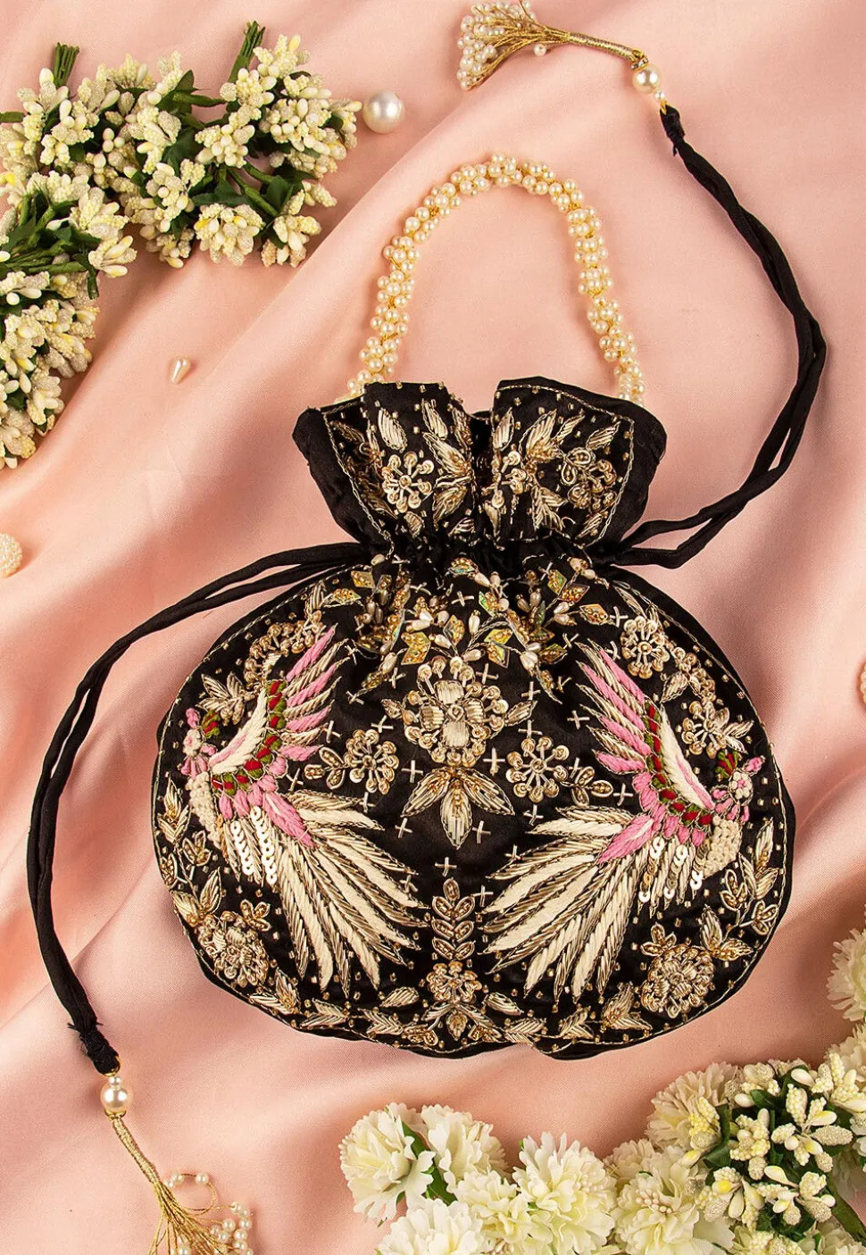 Hand Embroidered Art Silk Potli Bag in Black