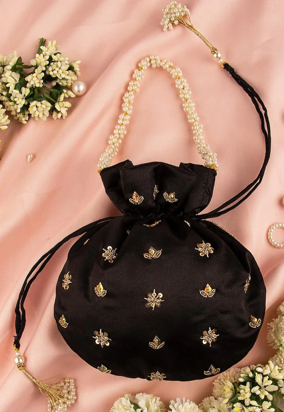 Hand Embroidered Art Silk Potli Bag in Black