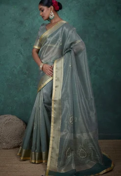 Hand Embroidered Art Silk Saree in Dusty Blue