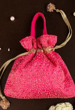 Hand Embroidered Art Silk Potli Bag in Fuchsia