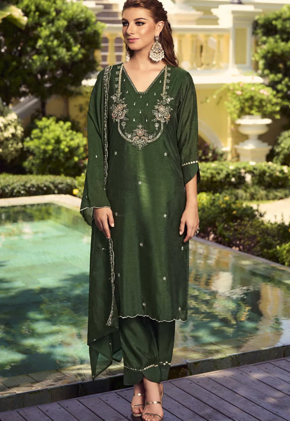Hand Embroidered Art Silk Pakistani Suit in Olive Green