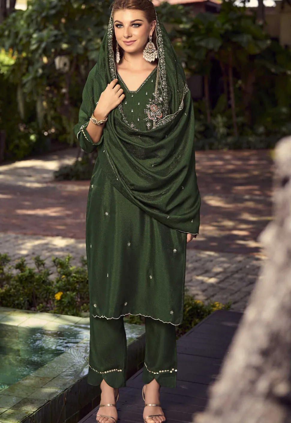 Hand Embroidered Art Silk Pakistani Suit in Olive Green