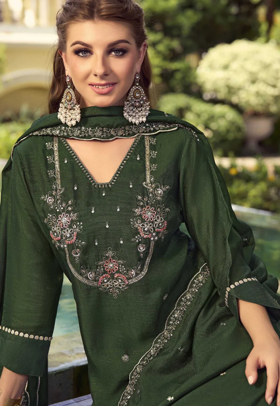 Hand Embroidered Art Silk Pakistani Suit in Olive Green