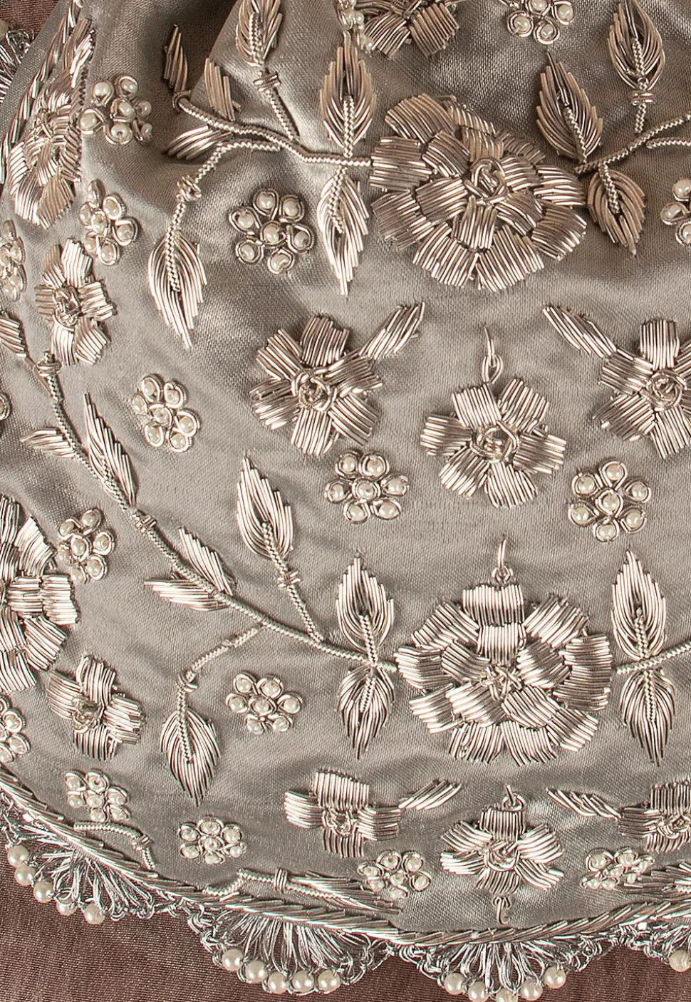 Hand Embroidered Art Silk Potli Bag in Silver