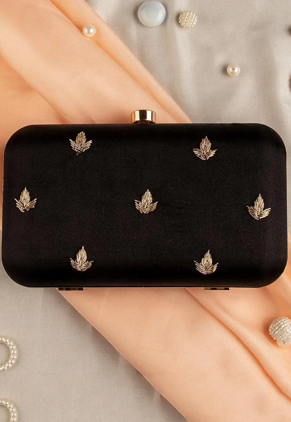 Hand Embroidered Art Silk Clutch Bag in Black