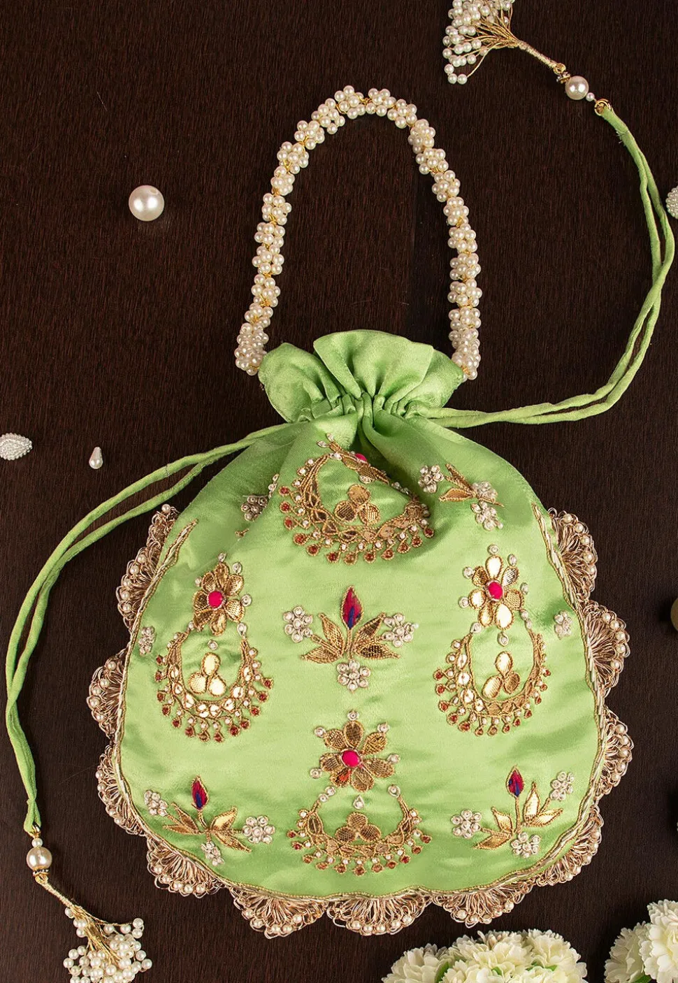 Hand Embroidered Art Silk Potli Bag in Green
