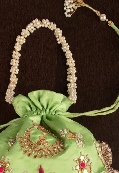 Hand Embroidered Art Silk Potli Bag in Green