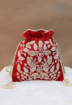 Hand Embroidered Art Silk Potli Bag in Maroon
