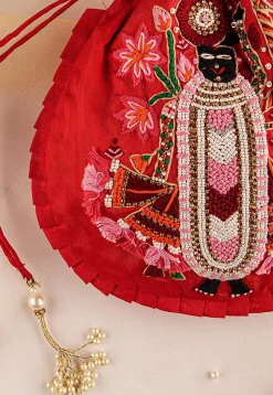 Hand Embroidered Art Silk Potli Bag in Red
