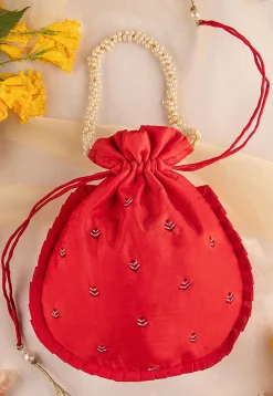 Hand Embroidered Art Silk Potli Bag in Red