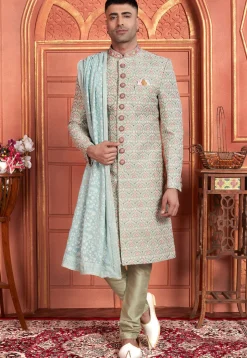 Hand Embroidered Art Silk Sherwani in Dusty Green