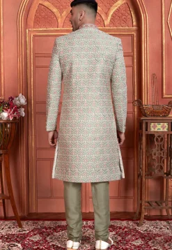 Hand Embroidered Art Silk Sherwani in Dusty Green
