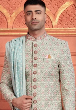 Hand Embroidered Art Silk Sherwani in Dusty Green