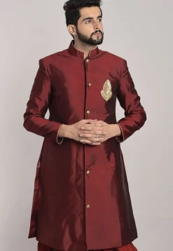 Hand Embroidered Art Silk Sherwani in Maroon