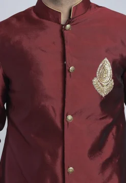 Hand Embroidered Art Silk Sherwani in Maroon