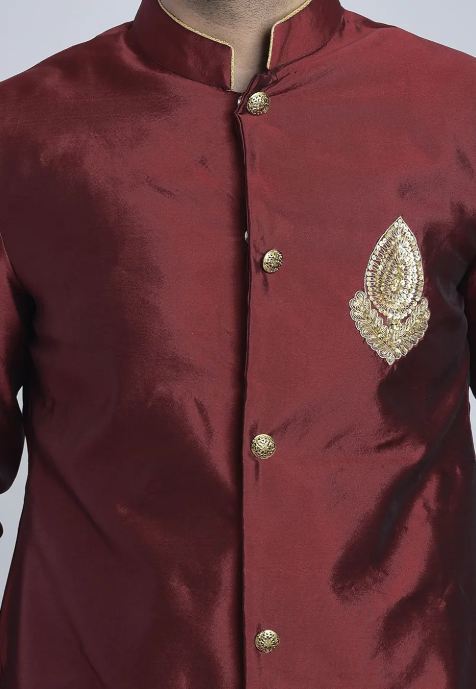 Hand Embroidered Art Silk Sherwani in Maroon