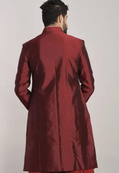 Hand Embroidered Art Silk Sherwani in Maroon
