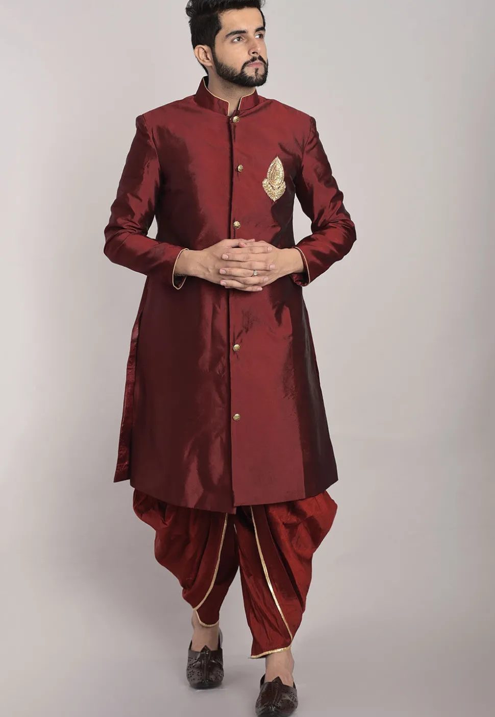 Hand Embroidered Art Silk Sherwani in Maroon