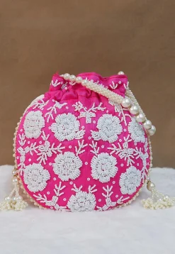 Hand Embroidered Art Silk Potli Bag in Pink