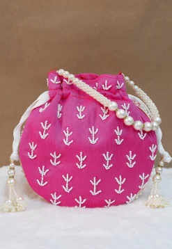 Hand Embroidered Art Silk Potli Bag in Pink