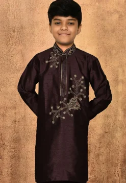 Hand Embroidered Art Silk Kurta Set in Wine