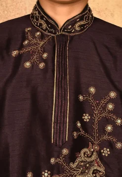 Hand Embroidered Art Silk Kurta Set in Wine
