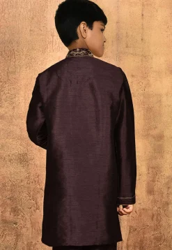Hand Embroidered Art Silk Kurta Set in Wine