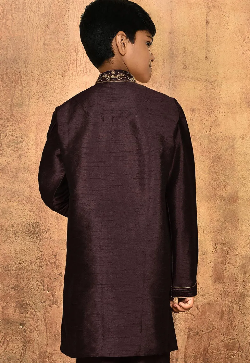 Hand Embroidered Art Silk Kurta Set in Wine