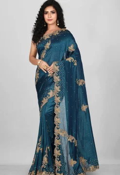 Hand Embroidered Art Silk Saree in Dark Teal Blue