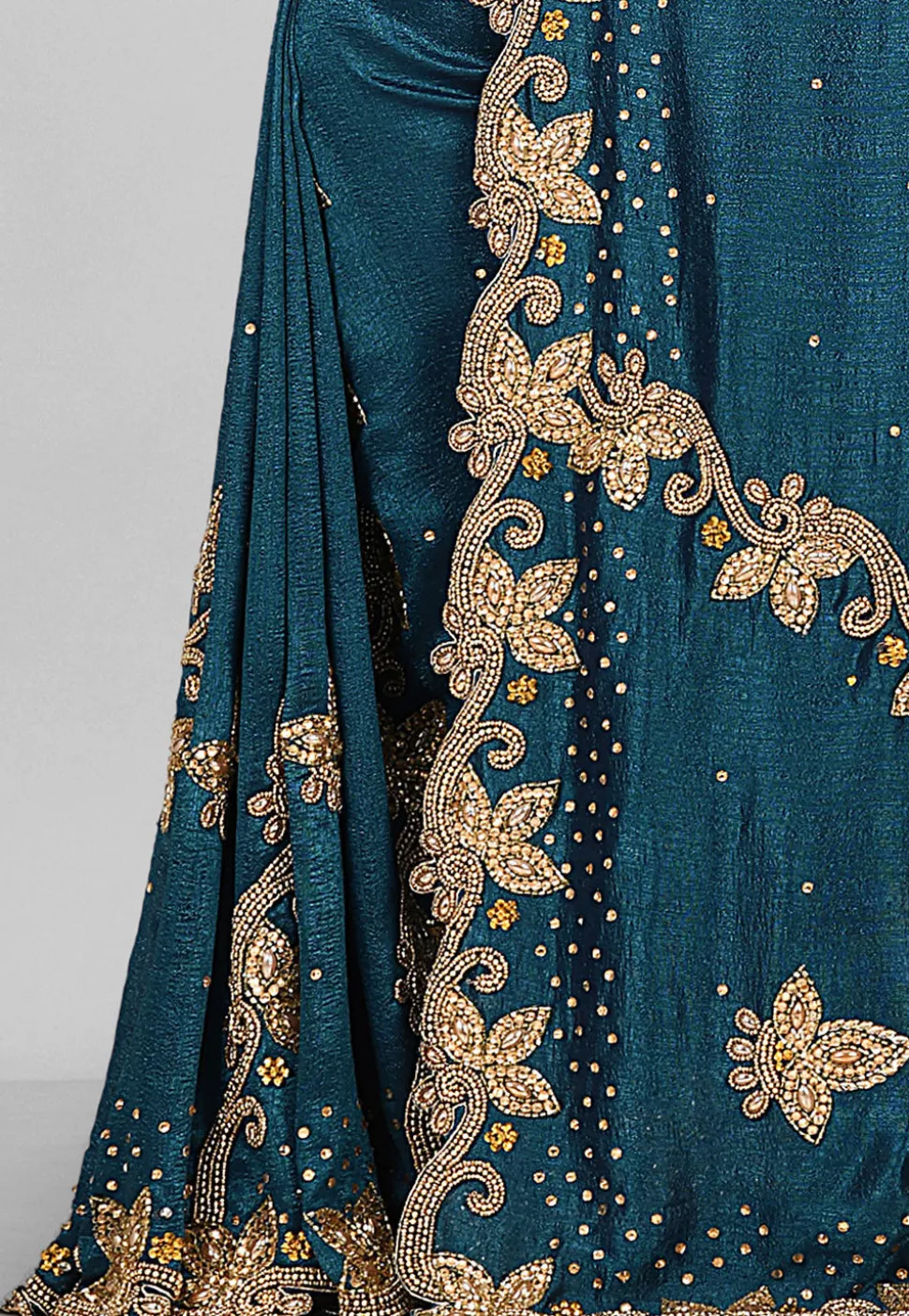 Hand Embroidered Art Silk Saree in Dark Teal Blue