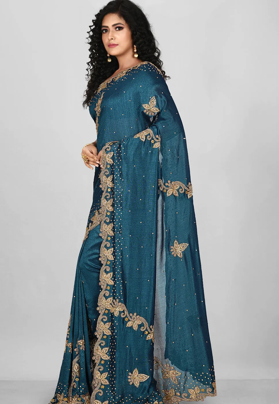 Hand Embroidered Art Silk Saree in Dark Teal Blue