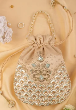 Hand Embroidered Art Silk Potli Bag in Beige