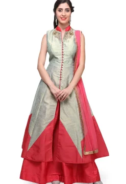 Hand Embroidered Art Silk Lehenga in Fawn