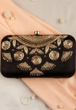 Hand Embroidered Art Silk Clutch Bag in Black