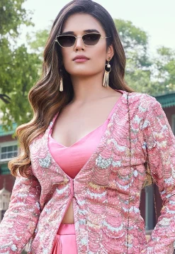 Hand Embroidered Art Silk Crop Top Set in Pink