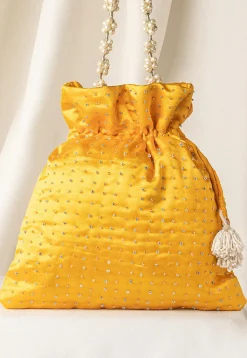 Hand Embroidered Art Silk Potli Bag in Yellow
