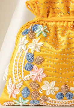 Hand Embroidered Art Silk Potli Bag in Yellow