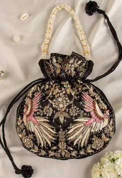 Hand Embroidered Art Silk Potli Bag in Black