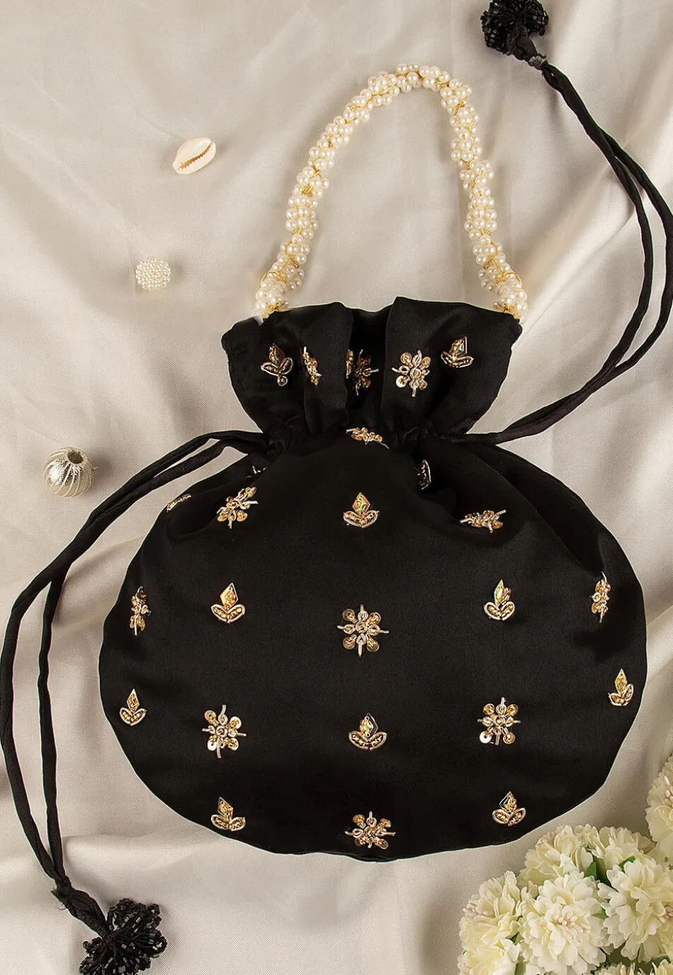 Hand Embroidered Art Silk Potli Bag in Black
