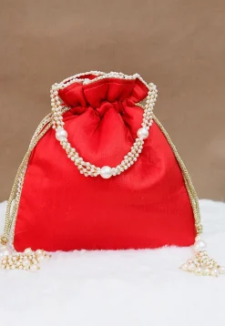 Hand Embroidered Art Silk Potli Bag in Red