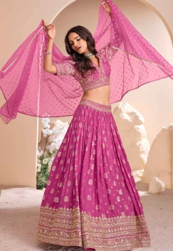 Hand Embroidered Art Silk Jacquard Lehenga in Pink
