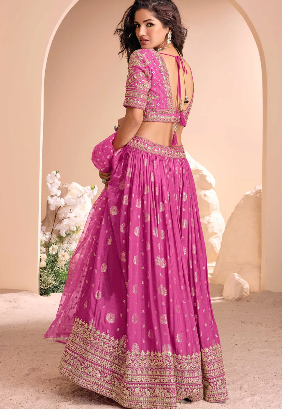 Hand Embroidered Art Silk Jacquard Lehenga in Pink