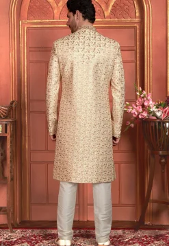 Hand Embroidered Art Silk Sherwani in Beige
