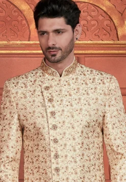 Hand Embroidered Art Silk Sherwani in Beige